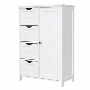VASAGLE Mobile da Bagno, Armadietto Autoportante, Mobiletto in Legno con 4 Cassetti e Anta, Ripiano Regolabile, per Soggiorno, Cucina, Corridoio, Bianco LHC41W